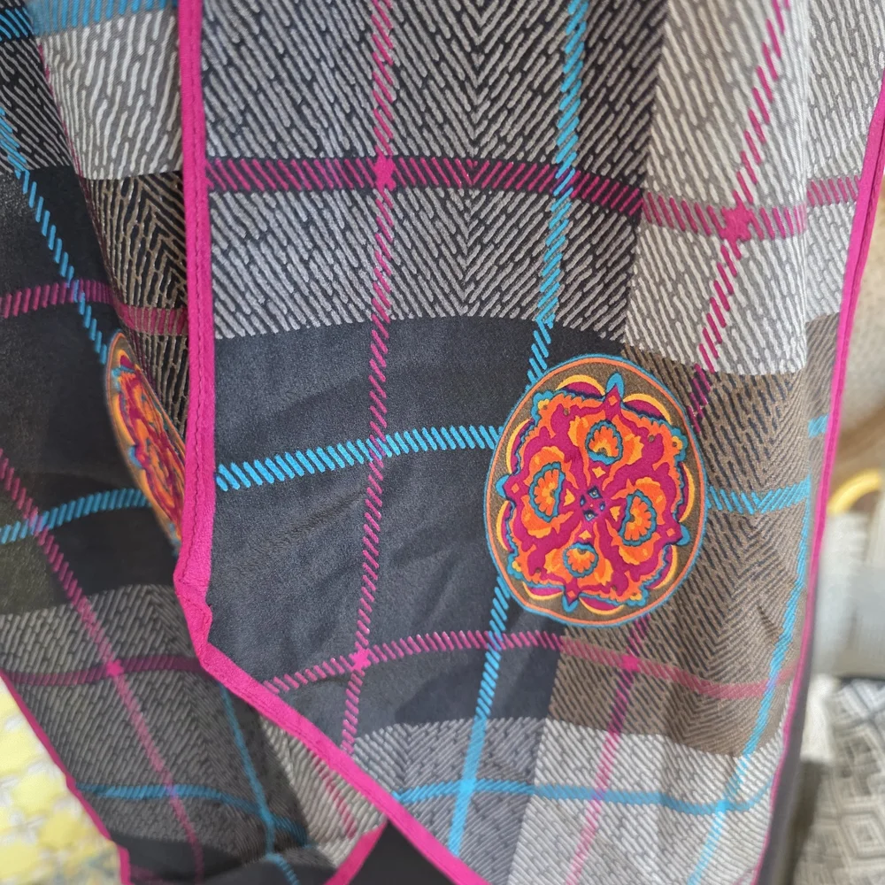 Vintage Silk Albert Nipon Plaid Scarf with Pink and Blue Accents Retro Boho